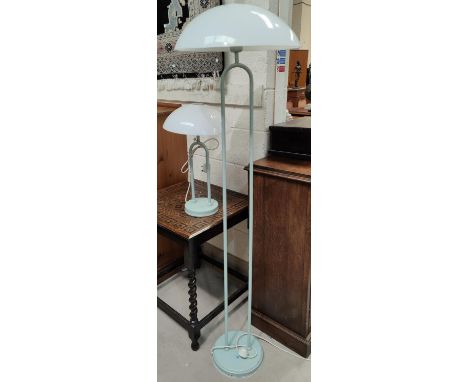 A green painted twin column standard lamp with white perspex mushroom shade 165cm and a matching table lamp, 58cm 