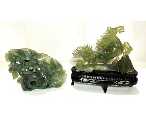 A Jade coloured "Bentonite" group decorated with ornamental carp height 13cm on wooden base; another group height 14cm; reari