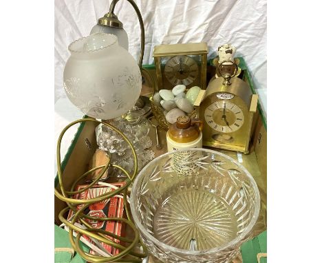 A selection of brass lamps, mantel clock, pebbles, collectables etc 