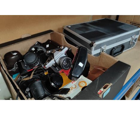 A selection of cameras:&nbsp; Minolta; 2 x Praktica; Fuji digital; 4 compact cameras; a camera box; etc 