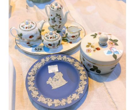 A miniature Wedgwood Wild Strawberry tea/coffee service with tray and a lidded trinket bowl, a Wedgwood Jasperware dish 