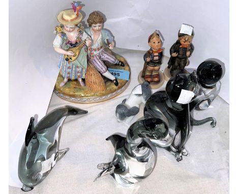 A late Meissen group of 2 children (mandolin a.f.); 2 Hummel figures of children; 4 glass animals 