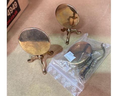 Two brass miniature tilt top tables, a brass snuff box H. Walters 1882 and another item&nbsp; 