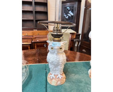 OWL NURSERY LAMP, 19th century porcelain with glass eyes, with brass fittings and shade, 20 cm (owl) 