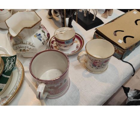 A 19th century English porcelain moustache cup and saucer with pink and gilt floral decoration and a boxed eggshell child's t