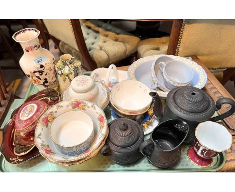 A Wedgwood basalt 3 piece tea set (teapot finial a.f.); a Mason's vase; Wedgwood Queensware; decorative china 