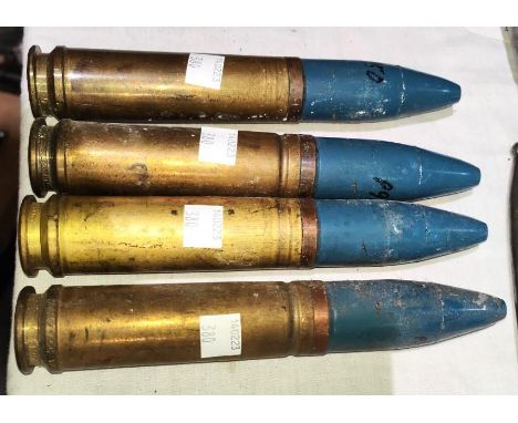 Four 30mm ordnance shells with brass bodies and blue tips 3Z/SWN&nbsp; 