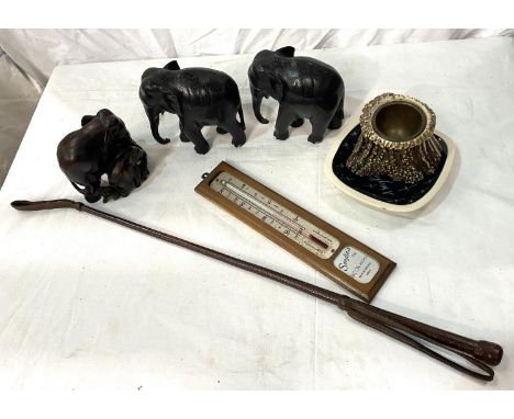 A J Smylie &amp; Sons advertising dish, thermometer, a John Dunn taxidermy horn, riding crop, 2 carved wooden elephants and a