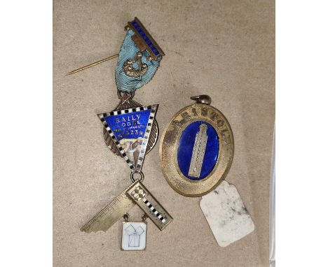 An unusual hall marked silver Masonic Founder jewel for Bailey lodge Bristol No 5239, with enamel decoration and another Bris
