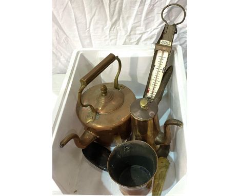 A copper chocolate pot, tea pot, mug and a thermometer&nbsp; 