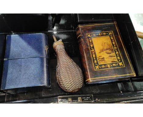A quantity of masonic regalia, cased, a tin deed box, 2 early 20th century postcard boxes, a copper powder flask, a pair of S