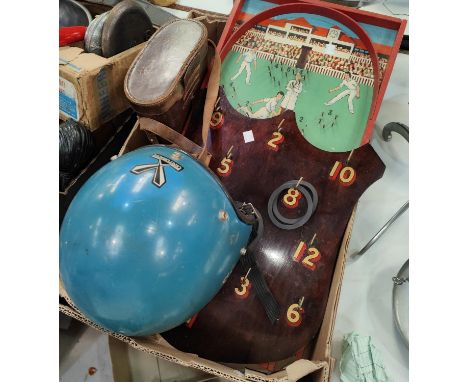 A set of three Remo Weather king graduating drums on bar, a vintage safety helmet (collectors item only), Cricketell board ot
