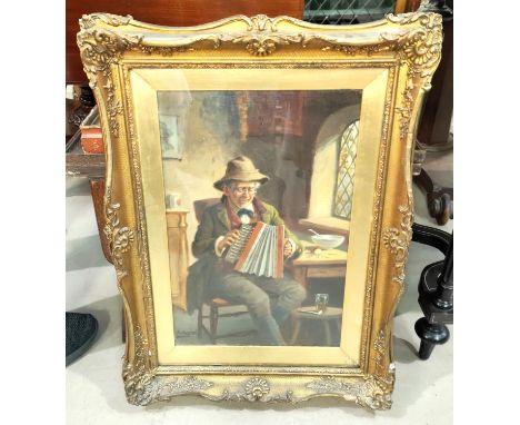 A Aveheil: British School, oil on canvas, old man playing Melodian with Whisky and pipe, signed framed and glazed 45 x 29cm