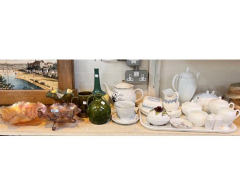 A selection of decorative ware including Carnival glass, Wedgewood teapot and a Wedgewood white china part tea set.&nbsp; 