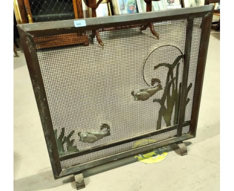 A Japanese style copper fire screen decorated with Koi carp in relief 74x75cm 
