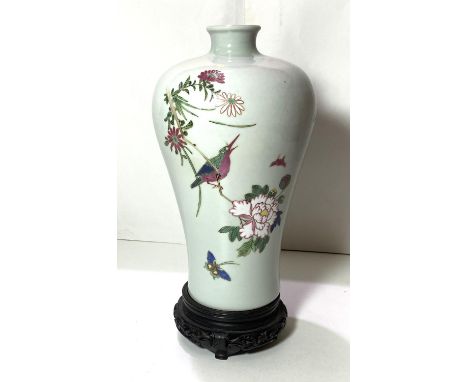 A Chinese ceramic Meiping shaped vase with polychrome decoration of bird on branch butterfly and text to the reverse, with as