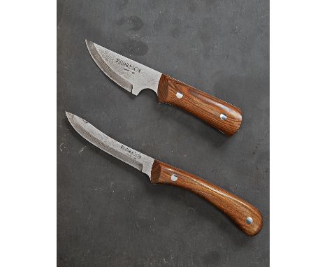 WILLIAM & SON, LONDON TWO DAMASCUS-BLADED SKINNING or PAIRING KNIVES, serial no's. 0901 & 1001, the first with 2 1/2in. clip-