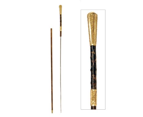 A GILT-MOUNTED VICTORIAN SWORD-CANE, circa 1895, with straight narrow square section 23 1/2in. blade, plain cane shaft and hi