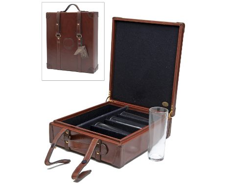 REY PAVON A LEATHER WHISKY CASE WITH GLASSES, leather-bound baize-lined case with provision for whisky bottle, together with 