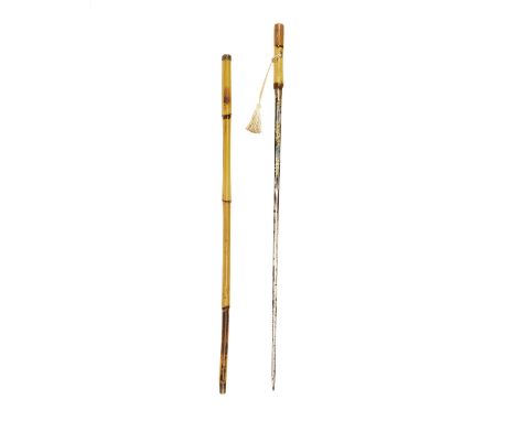 A GOOD GEORGIAN SWORDSTICK WITH BLUE & GILT BLADE, circa 1800, with straight double edged 26 1/2in. blade decorated with gilt