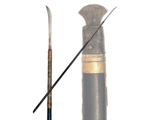 A JAPANESE NAGINATA POLEARM, late Edo period, with black lacquered 73in. wood shaft (some cracking and losses to lacquer), th