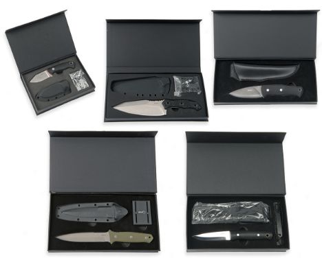 BOKER, GERMANY A GOOD COLLECTION OF FIVE BOXED OUT OF PRODUCTION 'BOKER-PLUS' SHEATH-KNIVES, including an 02BO267 'PSK', an 0