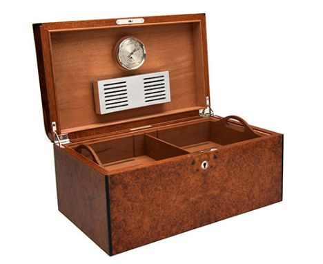 ANTHONY HOLT &amp; SON A FINE UNIQUE CORNERED AMBOYNA 'JAGUAR' CIGAR HUMIDOR, with veneered book matched amboyna and ebony sq