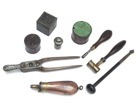 A GROUP OF PERCUSSION PISTOL-CASE ACCESSORIES, middle 19th century and probably from a Tranter revolver, including a small si