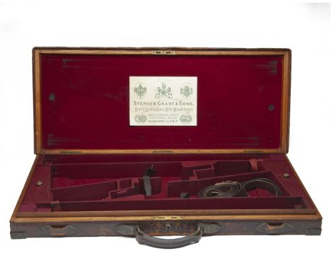 STEPHEN GRANT &amp; SONS A BRASS-CORNERED OAK AND LEATHER DOUBLE GUNCASE, fitted for 29in. barrels (could adapt to 30in.), th