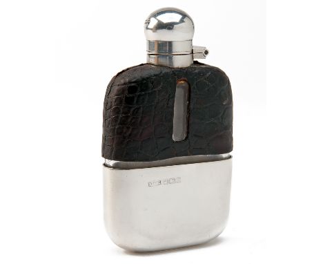 JAMES DIXON &amp; SONS A VINTAGE LEATHER-BOUND DRINKING FLASK WITH STERLING SILVER DETACHABLE CUP, glass flask with half-boun