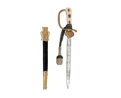 CLEM & JUNG 'Z' A GERMAN WW2 PERIOD SENIOR HUNTING CUTLASS, a gilded brass 'D' guard Hunting cutlass, with ivory slab grips, 