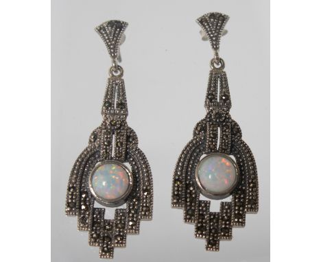 A PAIR OF OPAL AND MARCASITE SET ART DECO DROP EARRINGS.  