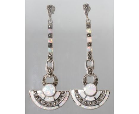 A PAIR OF OPAL AND BRILLIANT SET ART DECO DROP EARRINGS.  