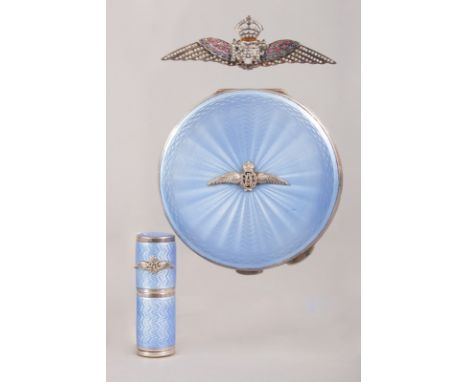 AN RAF BLUE ENAMEL AND SILVER COMPACT, BROOCH AND LIPSTICK HOLDER.  