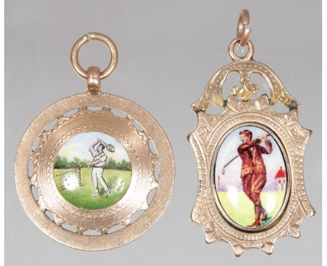 TWO 9CT YELLOW GOLD AND ENAMEL PENDANTS, TENNIS AND GOLF.  