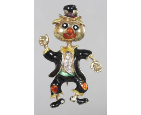 AN AMUSING 18CT YELLOW GOLD AND ENAMEL DANCING FIGURE BROOCH, set with diamonds.  