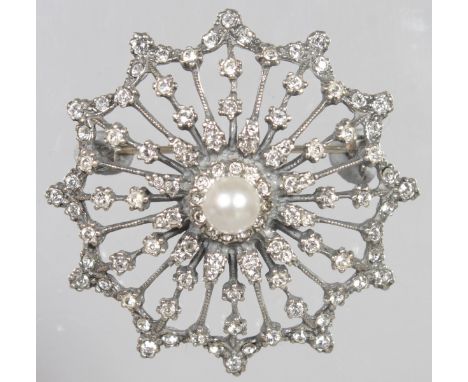 A GOOD FILIGREE SILVER, PEARL AND BRILLIANT SET BROOCH.  