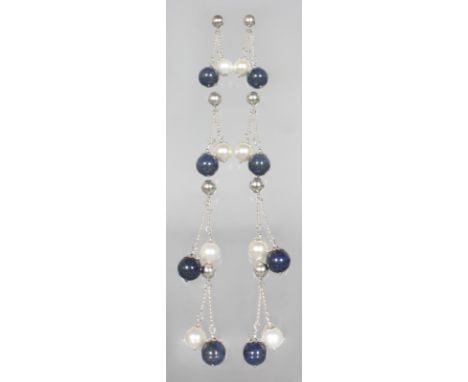 FOUR PAIRS OF SILVER AND PEARL DOUBLE DROP EARRINGS.