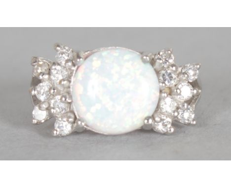 A LOVELY GILSON OPAL AND BRILLIANT SET CLUSTER RING in silver.  