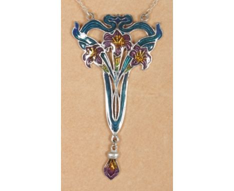 A SILVER AND ENAMEL ART NOUVEAU FLORAL NECKLACE AND CHAIN.  