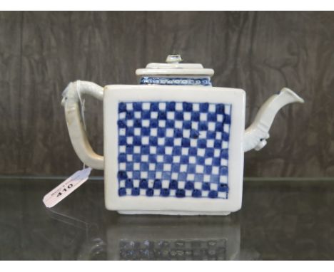 A Chinese blue and white square form teapot, with chequerboard sides, late Qianlong or Jiaqing period, with R&G McPherson lab