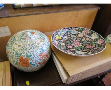 A Famille Vert globular jar and cover, with red dragon, a famille noir charger, two other Chinese vases and a hand painted sc