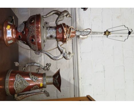 A Far Eastern copper and white metal urn, formed into a table lamp, inset with polychrome stones and pierced panels, 66cm hig