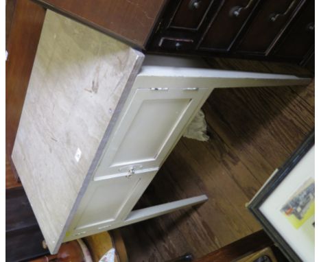 A marble top painted washstand, with panel doors on square section legs, 76cm wide