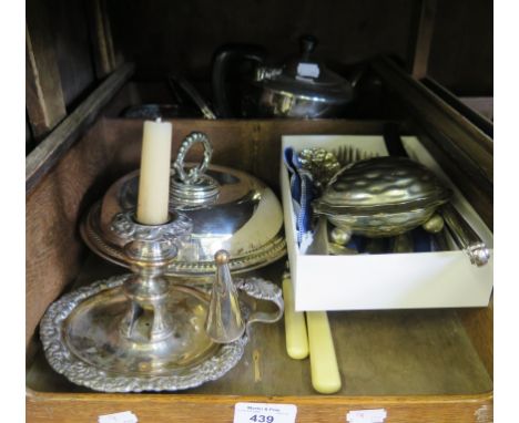 A silverplated chamberstick, an EPNS teapot and other plated wares