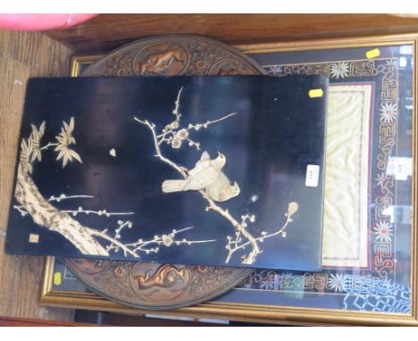 A Chinese silk panel depicting a dragon boat race, 64cm x 34cm, an Oriental lacquer panel and Indian copy charger (3)