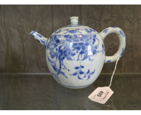 A Chinese blue and white teapot, of globular form decorated with birds among branches single character mark, late 18th centur