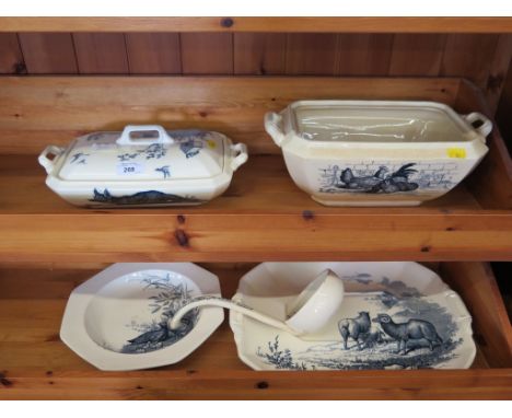 A Victorian Wedgwood rustic pattern tureen cover and stand, soup ladle, deep two handle tureen (lacks cover) and octagonal so