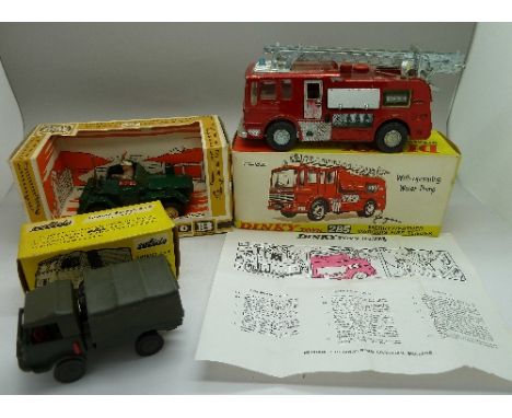 Three diecast vehicles comprising a Dinky Merryweather Marquis Fire Tender, a Solido Camion Renault - 4 x 4, with instruction