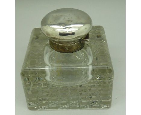 A large silver and glass inkwell, hallmark worn, lacking ink pot, 10cm x 10cm